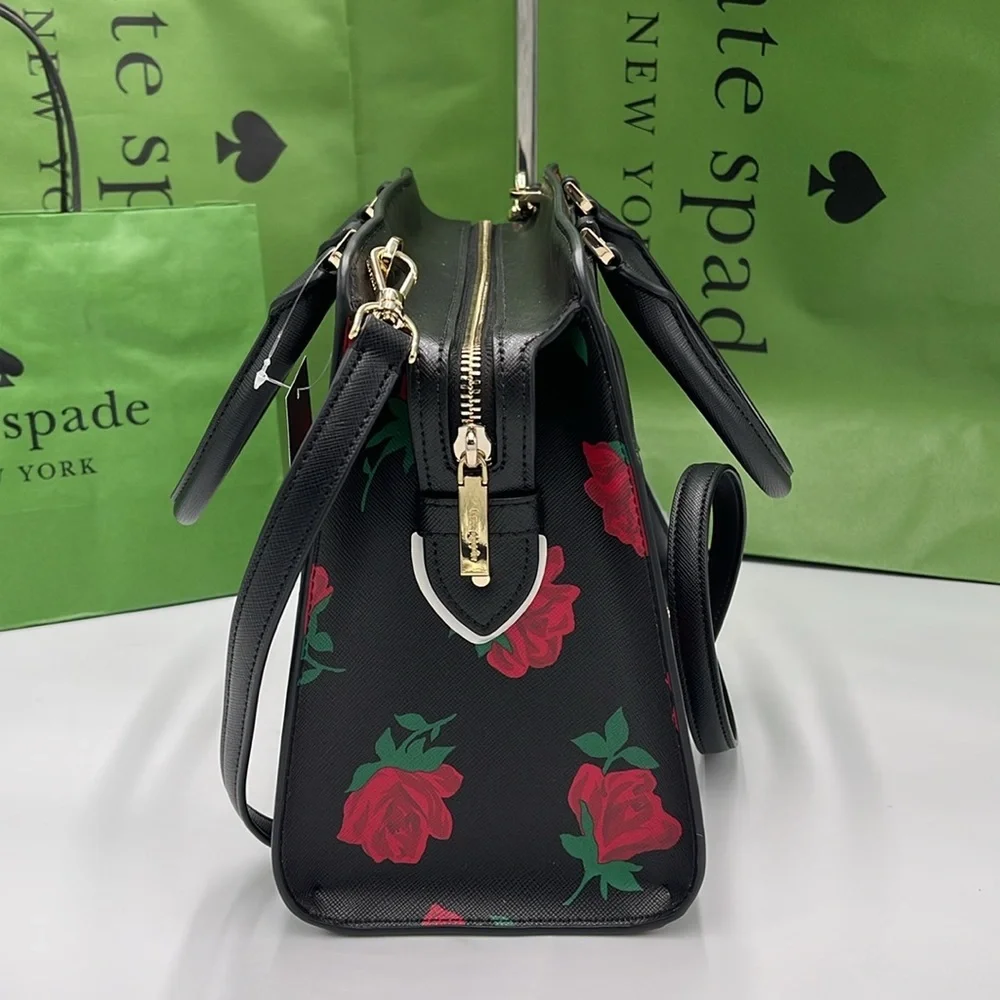 Kate Spade Madison Rose Toss Printed Medium Satchel COLOR: Black Multi NWT